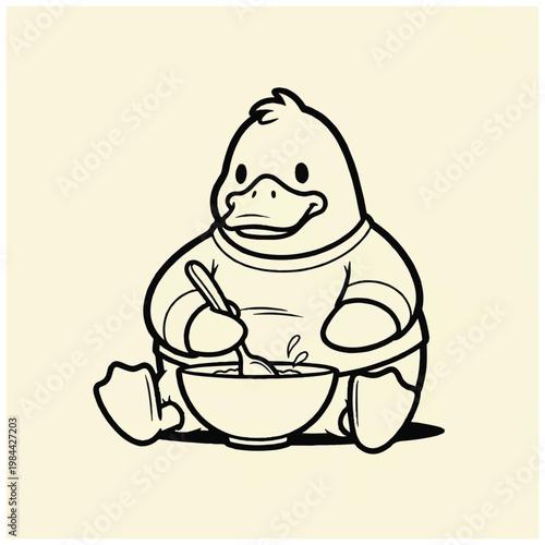 Cartoon duck eating from bowl.