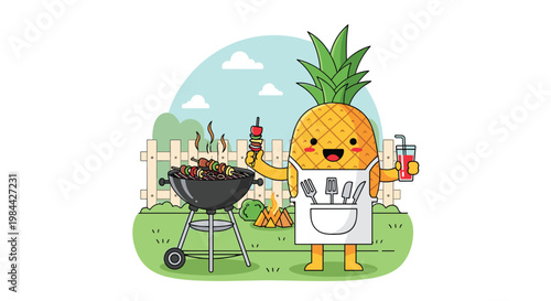 Cute cartoon pineapple character wearing an apron and grilling skewers on a barbecue in a sunny backyard setting.