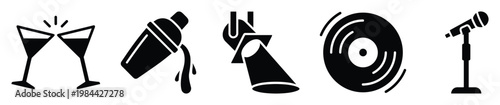 Collection of celebration and entertainment vector icons featuring clinking martini glasses, cocktail shaker, stage spotlight, vinyl record, and microphone for event promotions and
