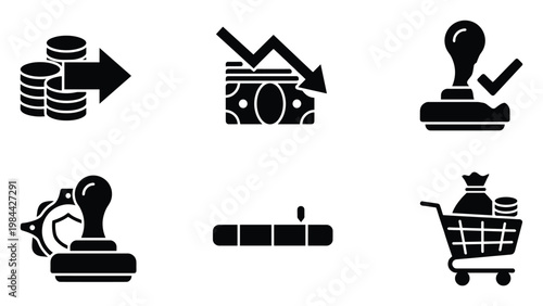 Set of financial and business icons featuring money transfer, cost reduction, approved transactions, secure processes, progress tracking, and shopping cart payment for commercial and