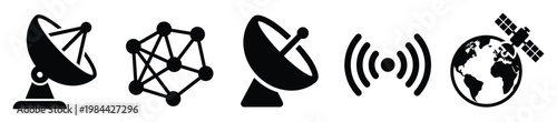 Collection of communication technology icons showcasing satellite dishes, network connections, wireless signals, and global satellite communication for digital applications