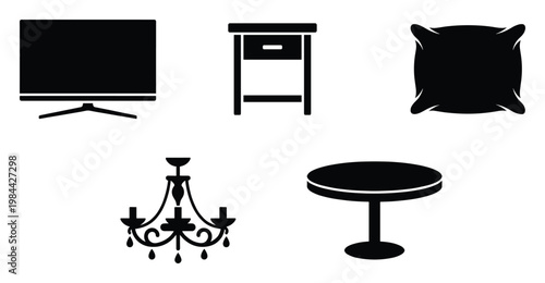 Collection of common home furniture and decor items presented as clean black silhouettes useful for interior design concepts or household product presentations