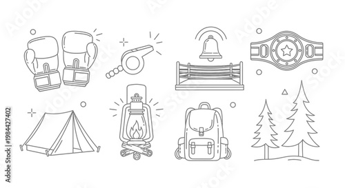 Set of black and white camping and outdoor adventure icons including gear and nature elements.