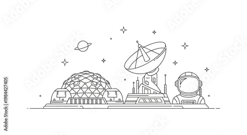 Line art illustration of futuristic space exploration technology and observatory structures.