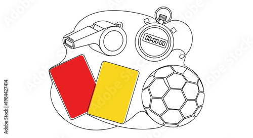 Illustration of soccer ball with referee whistle and red and yellow cards.