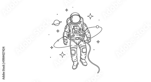 Illustration of an astronaut floating in space with stars and planets around.