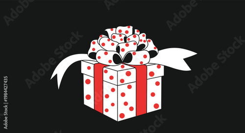 White gift box decorated with red polka dots and a large white and red ribbon bow isolated on a black background.