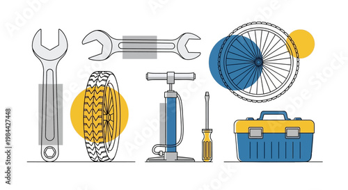 Set of bicycle repair tools including wrench, tire pump, screwdriver, and toolbox with bicycle wheel.
