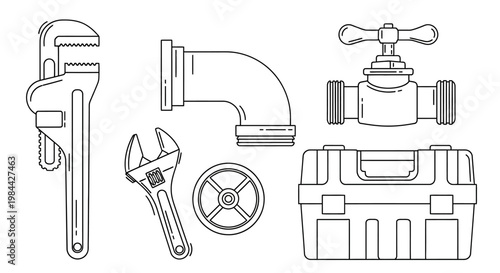 Set of plumbing tools and pipe fittings in black and white line art style.