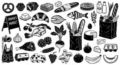 Comprehensive Hand-Drawn Collection of Fresh Market Food Items and Organic Produce, Perfect for Healthy Eating, Grocery Shopping Concepts, and Culinary Design Projects