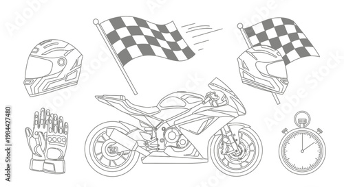 Black and white line art illustration of a racing motorcycle with helmet, gloves, checkered flags, and stopwatch.