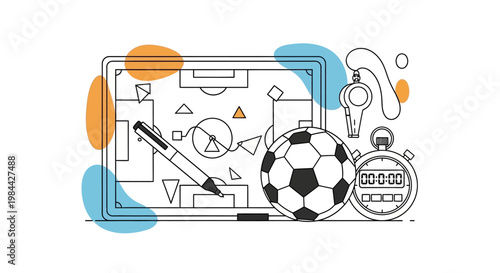 Illustration of sports strategy planning with soccer ball and stopwatch.
