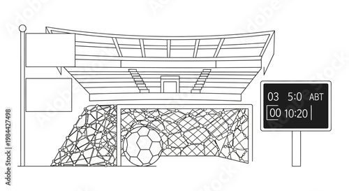 Black and white line drawing of a soccer goal with a ball and scoreboard.