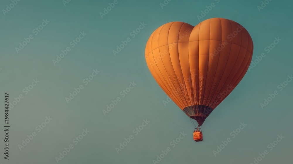 Fototapeta premium Orange red heart shaped balloon floats in teal gradient sky with small basket below, simple romantic scene.