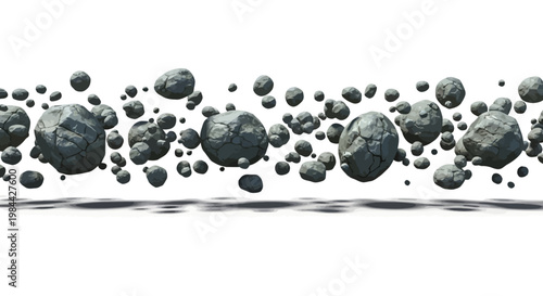 Dynamic horizontal stream of floating grey rocks and abstract cosmic debris. A 3D render on a clean white background, creating a weightless visual for modern design