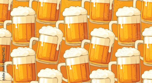 Repetitive pattern featuring mugs of golden beer with thick white foam on a solid orange background for a pub menu.