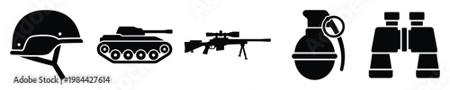 Military equipment symbols helmet, tank, sniper rifle, grenade, binoculars useful for defense, army, combat, security, and tactical themed graphic designs and visual presentations.