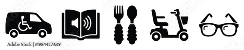 Accessibility icons representing mobility, auditory assistance, adaptive eating, scooter transport, and vision correction for inclusive design and community services