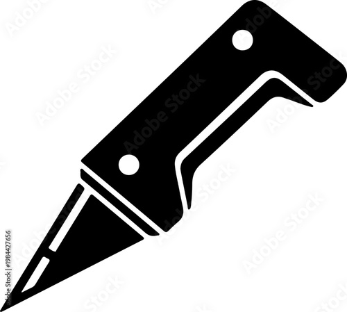 Black utility knife with ergonomic handle and silver rivets on white background for cutting tasks