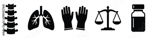 A set of essential medical and legal symbols showcasing human anatomy, protective gear, justice, and pharmaceutical items, excellent for health and law related visual communication.