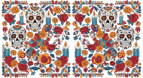 Vibrant Day of the Dead-themed pattern featuring sugar skulls, flowers, and candles on a white background with a festive and celebratory mood.