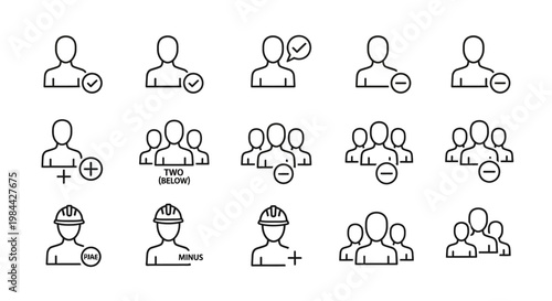 A comprehensive collection of line art icons depicting various user management functionalities, including adding, removing, verifying, and organizing single users or collaborative 