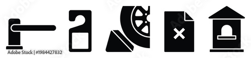 Essential collection of black solid flat icons featuring a security barrier, door hanger sign, car wheel with chock, error document, and toll booth, ideal for web, app, and UI designs.