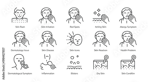 Dermatology icons showing skin rash itching allergy inflammation and psoriasis for healthcare illustration and medical infographic design