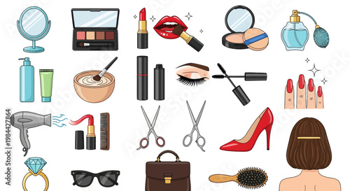 Collection of beauty and cosmetic products, including makeup, skincare, hair accessories, and fashion items for personal grooming and style