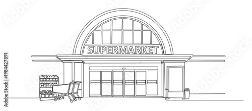 Outline drawing of a supermarket entrance with an arched window, SUPERMARKET sign, automatic doors, shopping carts, and plant displays, useful for retail business visuals.