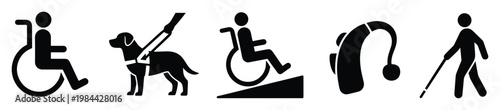 Comprehensive collection of accessibility icons featuring wheelchair users, service dogs, and assistive devices for inclusive signage and public information systems