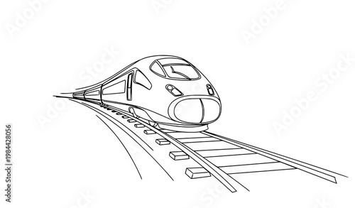 Continuous line high speed train front perspective with railway tracks minimal modern transport vector illustration