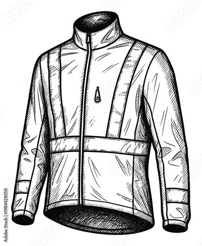 Detailed hand drawn sketch of a technical outdoor jacket with zipper and collar, ideal for apparel design projects and sports equipment marketing materials.