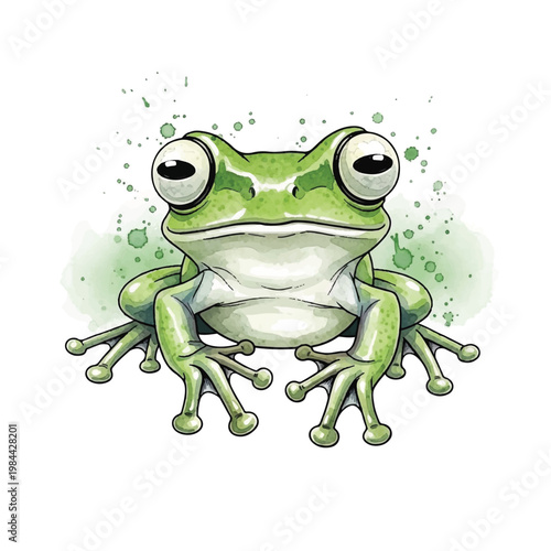Green Frog Sitting on White Background 1.