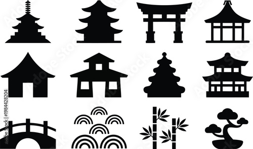 Japanese architecture and garden elements a black silhouette collection