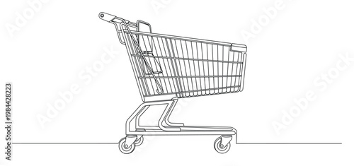 Detailed continuous line drawing of a grocery shopping cart, suitable for marketing materials, business presentations, and educational content related to commerce and consumer goods.