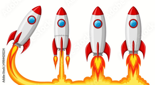 Dynamic illustration of multiple cartoon rockets launching with fiery exhaust, symbolizing rapid progress, ambitious startups, and technological innovation towards success