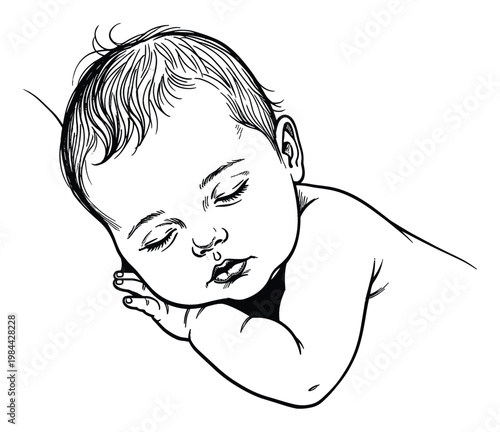 Adorable peaceful sleeping baby sketch drawing ideal for nursery decor, baby shower invitations, children books, and gentle childcare related products