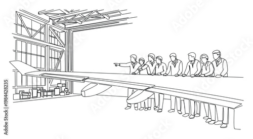 Aerospace engineers and manufacturing specialists inspect a large airplane wing inside an aircraft hangar, ideal for business presentations and industry publications