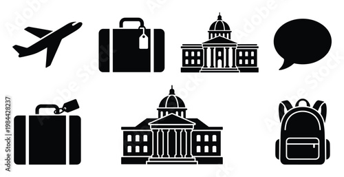 Modern travel and communication vector icons collection for business presentations, educational materials, web interfaces, and mobile applications requiring clear visual representations of