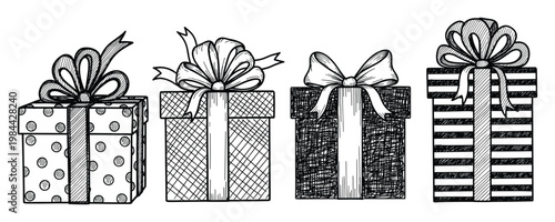 Assortment of handsketched gift boxes featuring festive bows and diverse patterns ideal for holiday season promotions and celebratory greeting designs