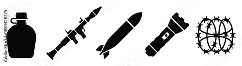 Collection of military and survival related black silhouette icons including a canteen, RPG launcher, bomb, missile, flashlight, and barbed wire globe, ideal for defense and security