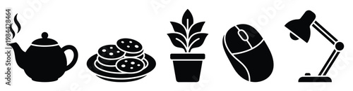 Versatile collection of essential daily objects presented as black silhouettes featuring a steaming teapot, a plate of cookies, a potted green plant, a computer mouse, and an adjustable