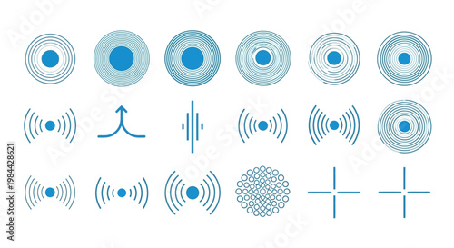 Set of Abstract Circular and Waveform Icons Representing Technology, Signals, and Data Transmission