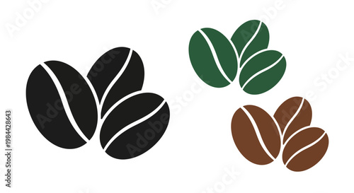 Set of stylized coffee beans in black, green, and brown, representing different roast levels and styles