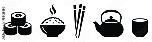 Simple black silhouettes of traditional Japanese dining items including sushi rolls, a steaming bowl of rice, chopsticks, a classic teapot, and a teacup, perfect for Asian cuisine menus or