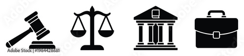 Collection of legal and justice symbols including gavel, scales of justice, courthouse building, and a briefcase for professional law firm branding and educational materials
