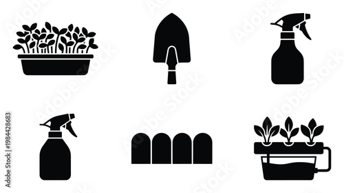 Collection of essential gardening tools and plant care equipment icons perfect for horticulture guides agriculture applications and nature themed educational materials