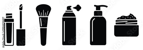 Comprehensive set of beauty and personal care accessories featuring lip gloss wand makeup brush spray can pump dispenser and cream container for ecommerce and lifestyle media