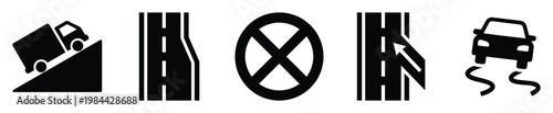 Road safety and traffic icons depicting a truck on a steep hill, road narrowing, no stopping, merging lane, and slippery car for driving awareness and transportation applications.
